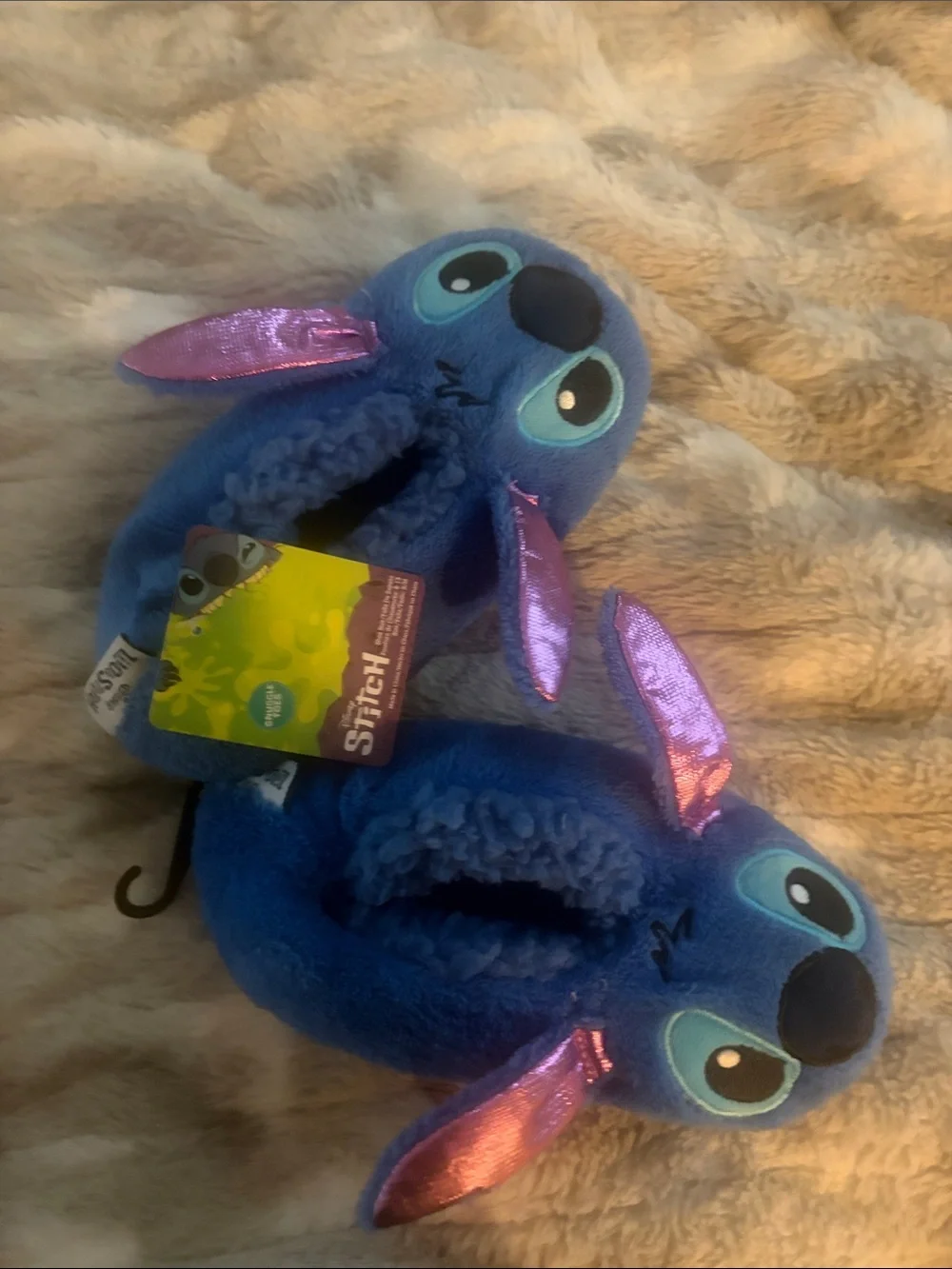 Disney Stitch Plush Kids Slippers - Blue with Pink Accents